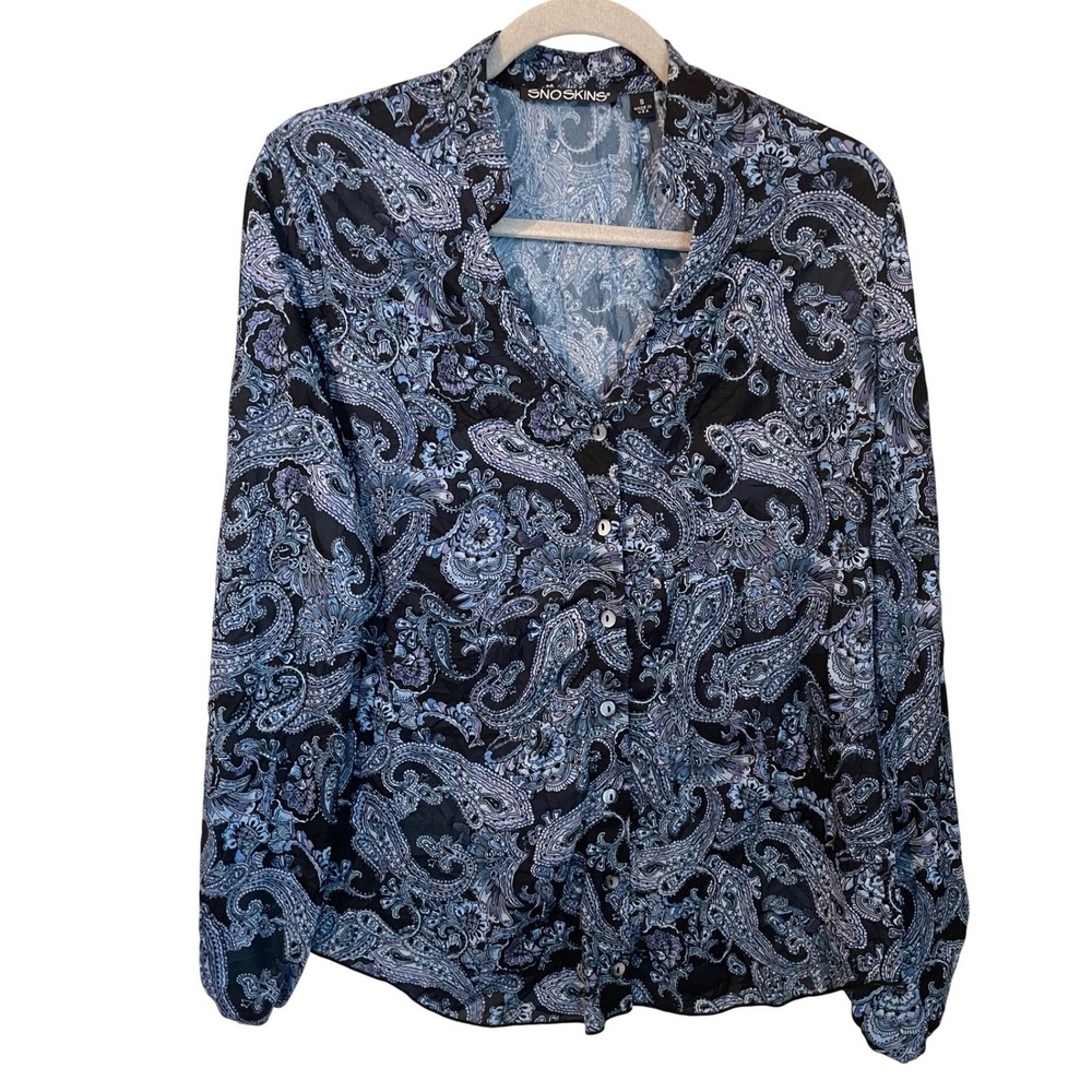 Snoskins‎ V-Neck Crinkle Button Up Shirt Paisley Black Blue Size S Made USA